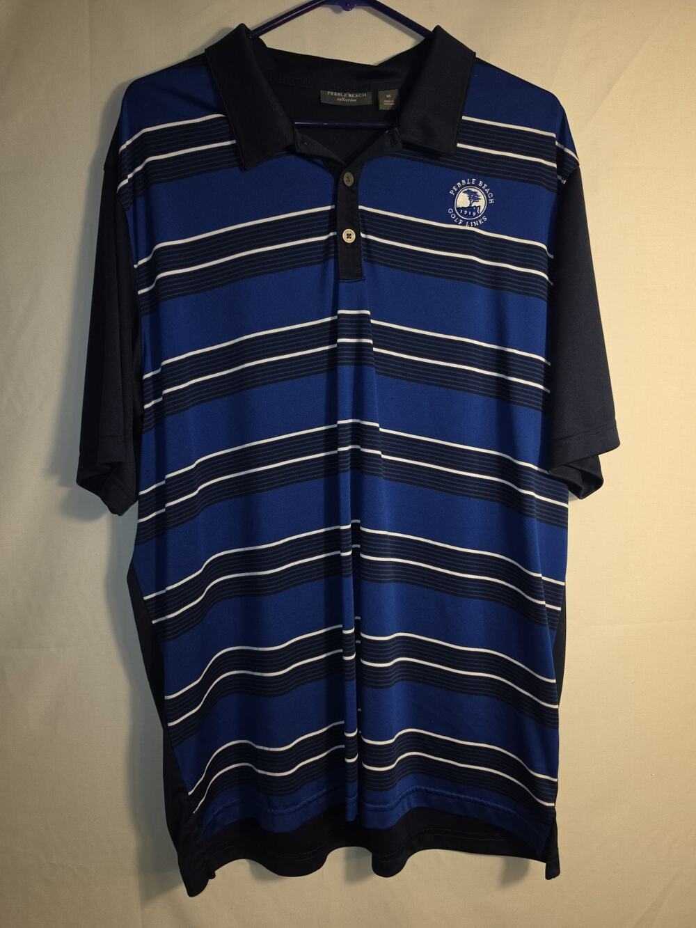 Pebble Beach Collection Polo Men’s Size XL Blue Striped Embroidered Links Logo
